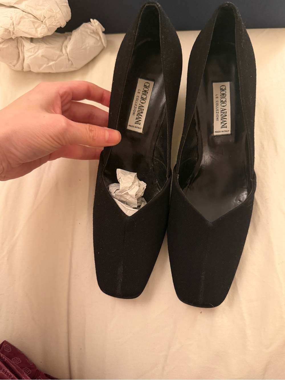 Giorgio Armani Black Pointed Square-Toe Pumps - Black Fabric- Size 37 EU/ US 7